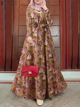 ZANZEA Bohēmijas Ziedu Drukāt Musulmaņu Kleita Sievietēm Pilnu Piedurknēm O-veida Kakla Dubaija Turcija Hijab Sundress Vintage Elegants Ilgi Drēbes Ramadan