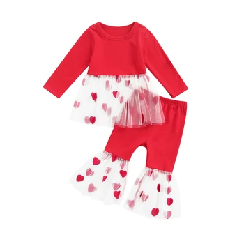 Lioraitiin 0-4Years Baby Toddler Meitene 2gab Modes Valentīna Apģērbu Komplekts ar garām Piedurknēm Cietā Red Top Krekls Sirds Uzliesmojuši Bikses