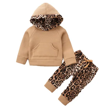 Bērnu Apģērbu Komplekts Kapuci Sporta Krekls Drukas Leopard Bikses 3-12 Mēneši Džemperis Modes Cietā Kokvilnas Silts Toddler Apģērbu Gadījuma Karstā