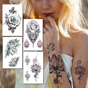 Lotus Viltus Pagaidu Tetovējumiem Sievietēm Melnā Roze Henna Ziedu Glezniecības Tetovējumu Papīrs Krūtīm, Vidukli, Mežģīņu Saulespuķu Ūdensizturīgs Tetovējums
