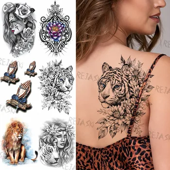 Sexy Saules Puķu Tiger Pagaidu Tetovējumiem Sievietēm Meitene Reāli Viltus Henna Lauva Gangsteris Kristus Tatoos Muguras Vidukļa Tetovējums, Uzlīmes
