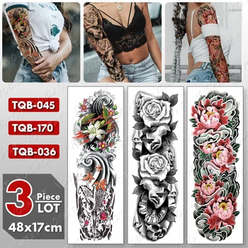 3 gab./daudz Lielu Roku Piedurknēm Tetovējums Maska Lotus Ūdensnecaurlaidīgus Pagaidu Tatto Uzlīmes, Peonija, Roze, Body Art Pilna Viltus Tetovējums Sievietes Vīrieši
