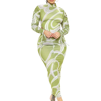 Sieviešu Seksīgs divdaļīga Apģērbu Komplekts Green Nelegālo Iespiesti Modelis ar Augstu Apkakli, garām Piedurknēm Džemperis Bodycon Kleita