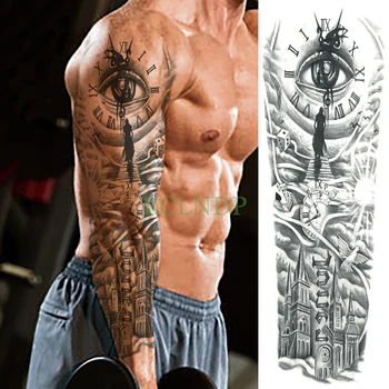 Ūdensnecaurlaidīgus Pagaidu Tetovējumu Uzlīmes acu pulkstenis putnu Pagoda pilnas rokas lielo izmēru viltus tatto flash tetovējums piedurknēm tato vīriešiem sievietēm