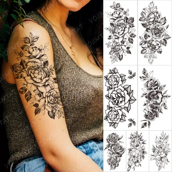 Ziedu Ziedēšanas Ūdensnecaurlaidīgus Pagaidu Tatooo Uzlīmes, Orhideja, Peonija Lily Rose Beauty Rokas Tetovējums, Body Art Viltus Tetovējums Melns Cilvēks Sievietēm