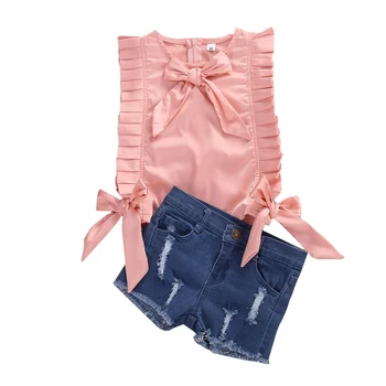 Mazulis Meiteņu Modes 2-gabals Apģērbs Uzstādīt bez Piedurknēm Bowknot Apdare Top un Džinsa Šorti Iestatīt Izmēru 3-8Y