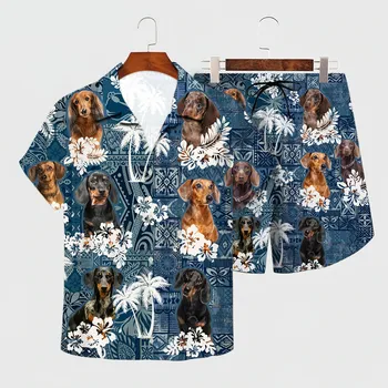 Krekls Vasaras Dachshund Havaju Komplekts 3D Iespiesti Havaju Krekls + Pludmales Šorti Vīriešiem, Sievietēm Smieklīgi Suņu Apģērbi