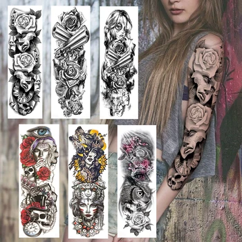 Pilnu Roku Melnā Roze Maska Pagaidu Tetovējumu Uzlīmes Sievietēm, Vīriešiem Reāli Viltus Gangsteris Ieroci Galvaskausa Acs Pūce Piedurknēm 3D Tetovējums Papīra