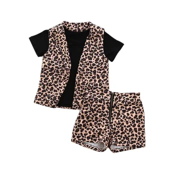 Toddler Bērniem, Baby Meitene Leopard Vasaras Drēbes ar Īsām Piedurknēm Apģērbs, t Krekls, Veste Topi Īsā Gadījuma Princese Meiteņu Drēbes 3pcs