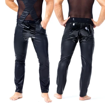 Vīrieši Sexy Wetlook Mākslīgās Ādas Iežu Bikses Karstā Eksotisko Apakšveļa PU Lateksa Bikses Rāvējslēdzēju PVC Posmā Clubwear geju Gothic fetišs Bikses