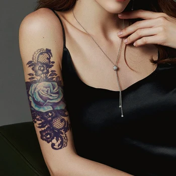 Pagaidu Tetovējumu Uzlīmes Blue Rose Mežģīnes Lapas Rotaslietas Totem Dizaina Viltus Tetovējumiem Ūdensizturīgs Tatoos Roku, Liela Izmēra Sieviešu Meitene