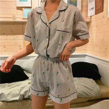 Vasaras Mīksto korejas Homewear Salds Burkānu Drukāt Pidžamas Komplekts Meitene Kokvilnas ar Īsām Piedurknēm Sievietēm Svītru Pidžamas Mājās Uzvalks 2gab