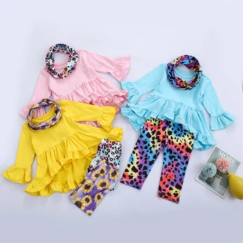 pudcoco 1-5 Gadi Toddler Baby Girl 3 Gab Apģērbs, Tērps ar garām Piedurknēm tīrtoņa Krāsu Savirmot Kleita Krekls Top + Leopards Ilgi Elsas + Šalle