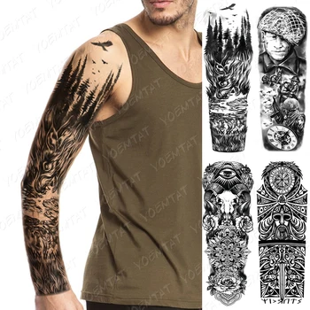 Ūdensnecaurlaidīgus Pagaidu Pilnas Rokas Tetovējumu Uzlīmes Vilks Karavīrs Maori Galvaskausa Kompass Flash Tetovējums Cilvēks Body Art Viltus Piedurknēm Tatto Sieviete