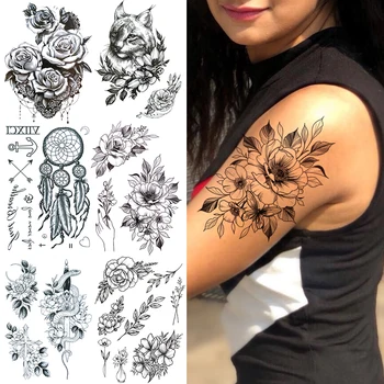 Melns Peoniju Ziedu Pagaidu Tetovējumiem Sievietēm Lady Reāli Kaķis Rožu Mežģīnes Čūska Zobenu Viltus Tetovējumu Uzlīmes Ūdensizturīgs Tetovējums Mākslas