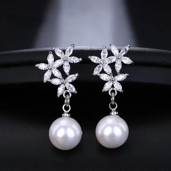 Korejas Elegants CZ Zircon Ziedu Pērle Kritums Vilināt Stud Auskari Sievietēm Luksusa Paziņojumu, Auskarus Kāzu Rotaslietas