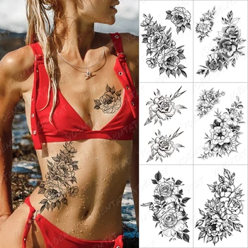Līnijas Rozes Čūska Ziedi Pagaidu Tetovējumu Uzlīmes Par Vīriešu Un Sieviešu Pieaugušo Peonija Ūdensizturīgs Viltus Hennas Ķermeņa Mākslas Tetovējums Decal