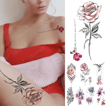 Ūdensnecaurlaidīgus Pagaidu Tetovējumu Uzlīmes Vienkāršu Līniju Rose Puķu Tetovējumiem Meitene Putnu Rožu Body Art Roku Viltus Piedurknēm Tetovējums Sievietes Vīrieši