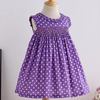 Baby meitenes polka dot smocking kleitas maza meitene, elegants princese vintage izšūti vasarā bērniem sleevless kleita