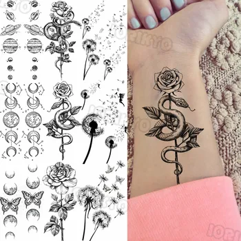 Black Snake RoseFlower Pagaidu Tetovējumiem Sievietēm, Pieaugušajiem Reāli Pieneņu Kosmosā Viltus Tetovējumu Uzlīmes, Roku, Ķermeņa Tatoos