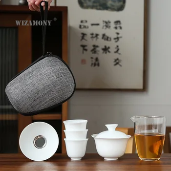 Dehua Balta Porcelāna Ceļojumu Kung Fu Tējas Komplekts Pārnēsāšanas Soma Bļodā чай Četri Stikla tējkanna Dāvanu teacup tējas uzstādīt stikla gaiwan sietiņš